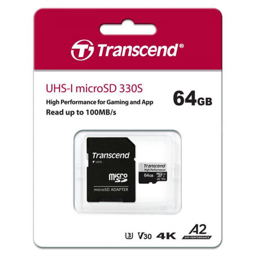 Флеш карта microSD 64GB Transcend High Performance, microSDXC UHS-I U3, V30, A2 [R/W - 100/85 MB/s] с адаптером